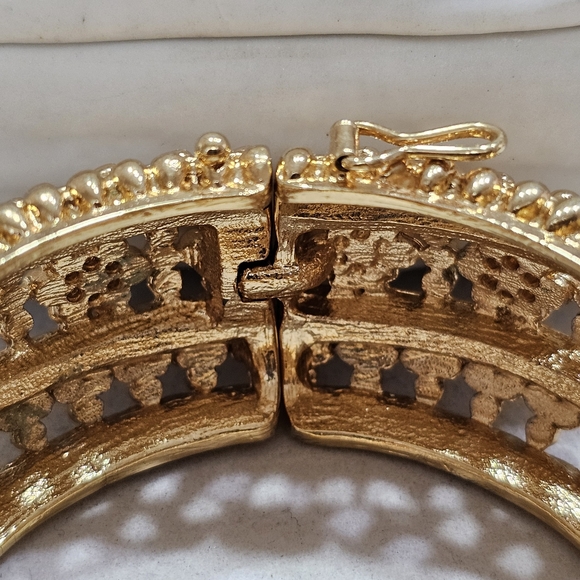Golden Hinged Domed Cuff Bracelet with Safety Clasp Ornate Heavy - Picture 11 of 16